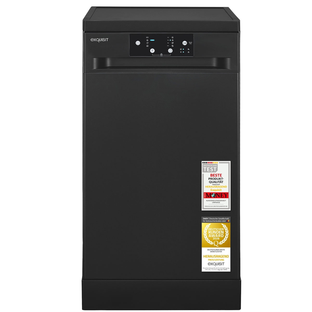 Exquisit Geschirrspüler GSP9109-450D schwarz | 9 Maßgedecke | 4 Programme | Eco 10 L | Startzeitvorwahl | LED-Anzeige | Aquastop Image