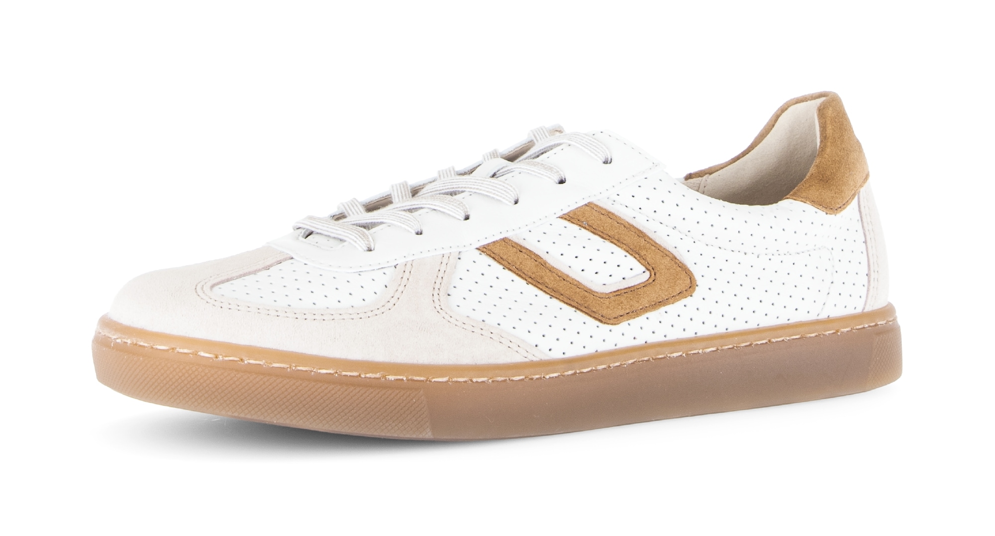 Sneaker GABOR "DAVOS", Damen, Gr. 37, sanftes weiß, braun, Nappaleder, Veloursleder, Schuhe Sneaker, Freizeitschuh, Halbschuh, Schnürschuh mit Lochmuster, Weite H