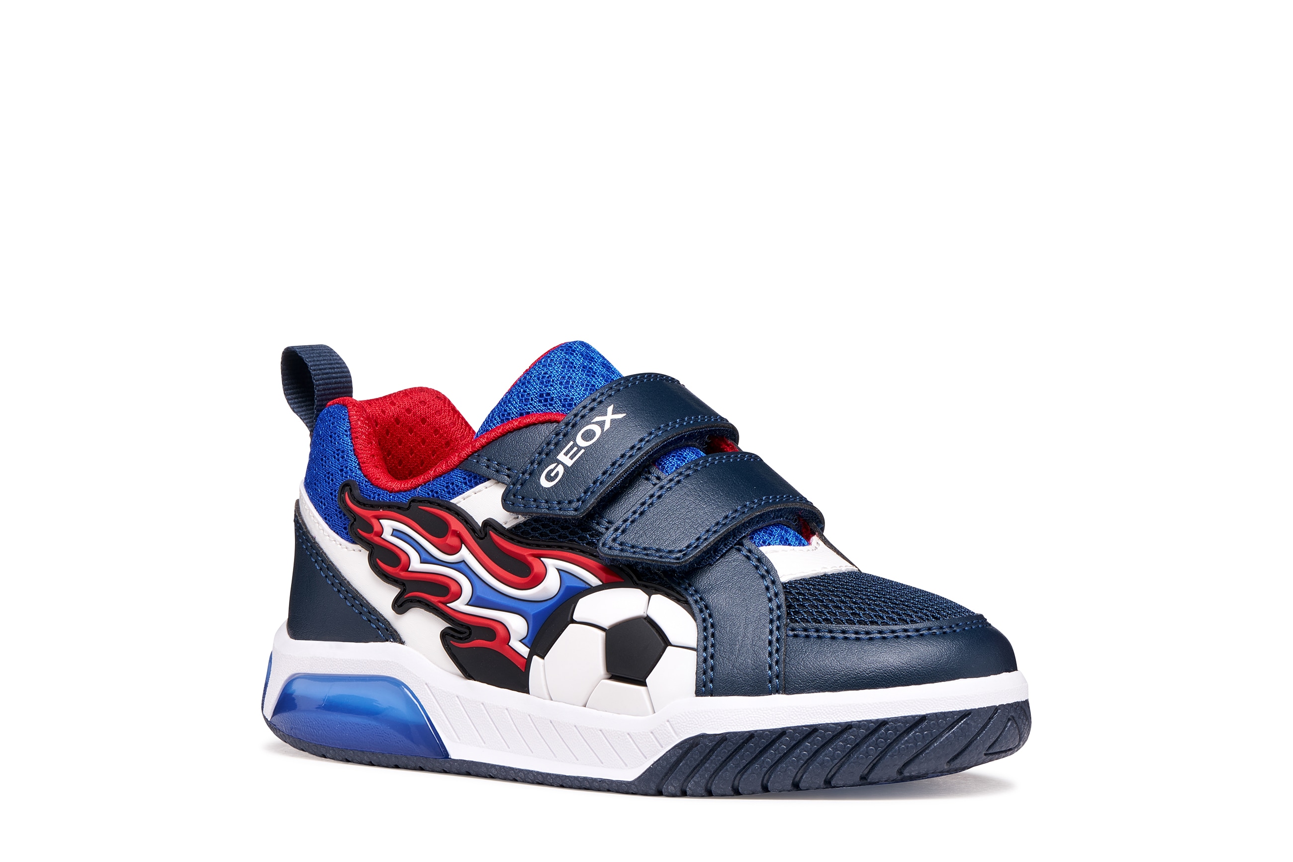 Sneaker GEOX "J INEK BOY", Damen, Gr. 30, navy, rot, Lederimitat, Textil, Schuhe Sneaker, Klettschuh mit Blinkfunktion, Größenschablone zum Download