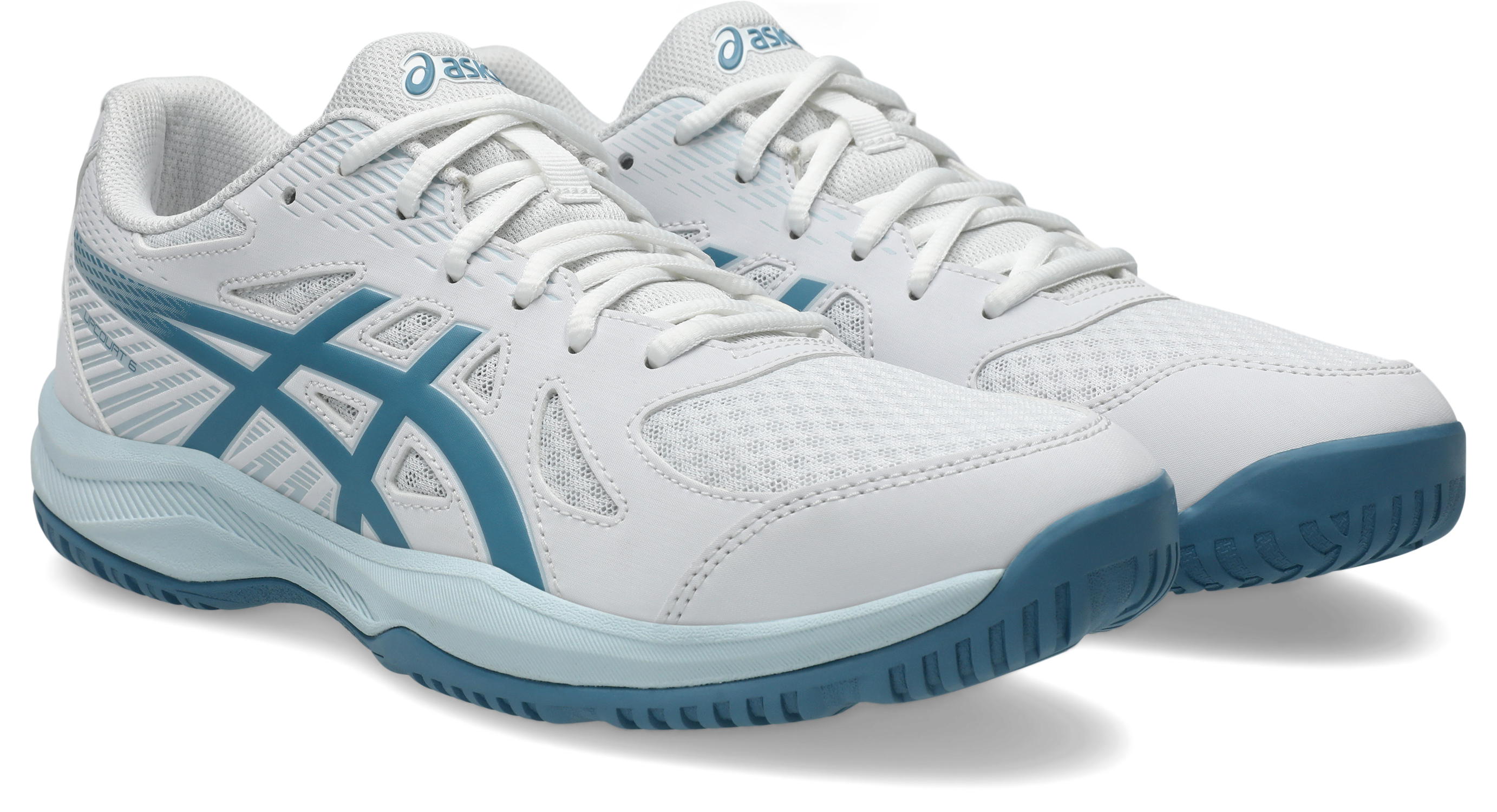 Hallenschuh ASICS "UPCOURT 6", Herren, Gr. 46,5, weiß, saba blau, Textil, Schuhe Hallenschuh, besonders geeignet für Handball und Volleyball