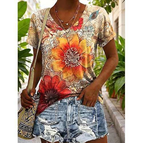 Damen T Shirt Druck Grafik Geometrisch Pflanzen Vintage Stilvoll Klassisch Kurzarm V Ausschnitt Normale Oberteile Täglich Blau Gelb Orange Sommer Frühling Image