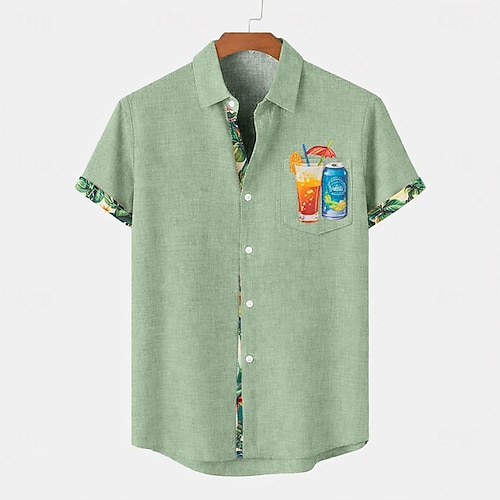 Herren Hemd Leinenhemd Sommerhemd Strandhemd Knopfhemd Pflanzen Ferien Alltagskleidung Blau Rosa Grün Khaki Kurzarm Umlegekragen Sommer Bekleidung Fronttasche Image