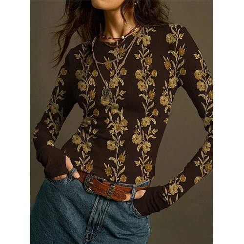 Damen Bluse Druck Blumen Vintage Stilvoll Lässig Langarm Rundhalsausschnitt Normale Oberteile Täglich Ferien Wein Braun Grün Aprikose Frühling Herbst Image