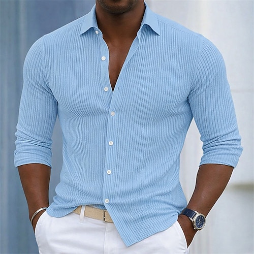 Herren Hemd Rippenstrick Textur Freizeithemd Knopfhemd Blau Weiß Marineblau Grau Langarm Einfach Vertikale Streifen Hemdkragen Lässig Täglich Fronttasche Bekleidung Elegant Mode Lässig Image
