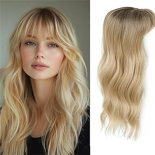 Haarteil 360 3D-Haarteile für Frauen mit lichtem Haaransatz, 50 cm lange, gewellte, lockige Haarteile, Clip-in-Pony, dunkelbraun-kastanienbraun gemischt, 50 cm langer französischer Pony Image