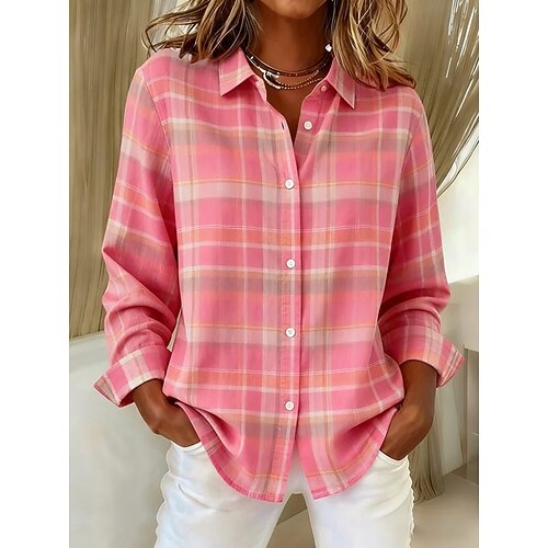Damen Hemd Bluse Patchwork Knöpfe Druck Karomuster Lässig Langarm Hemdkragen Normale Oberteile Täglich Blau Schwarz Rosa Rote Staubiges Blau Herbst Winter Image