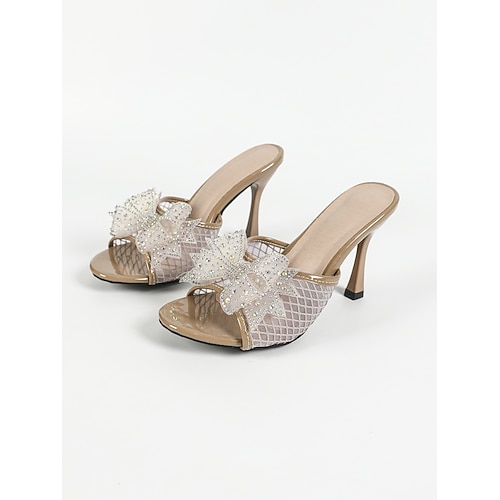 Champagnerfarbene Damen-Mules mit Schleife und Mesh-Einsatz, elegante Schuhe mit Kristallverzierungen für die Mutter der Braut bei Gartenhochzeiten im Freien Image