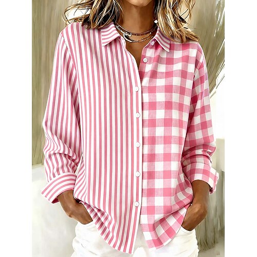 Damen Hemd Bluse Patchwork Knöpfe Druck Grafik Geometrisch Karomuster Vintage Tropisch Täglich Langarm Hemdkragen Normale Oberteile Täglich Blau Gelb Rosa Sommer Frühling Image