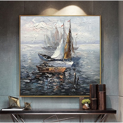 Ölgemälde handgemachte handbemalte Wandkunst abstrakte Seelandschaft Segelboot Dekoration Dekor gestreckter Rahmen fertig zum Aufhängen Image