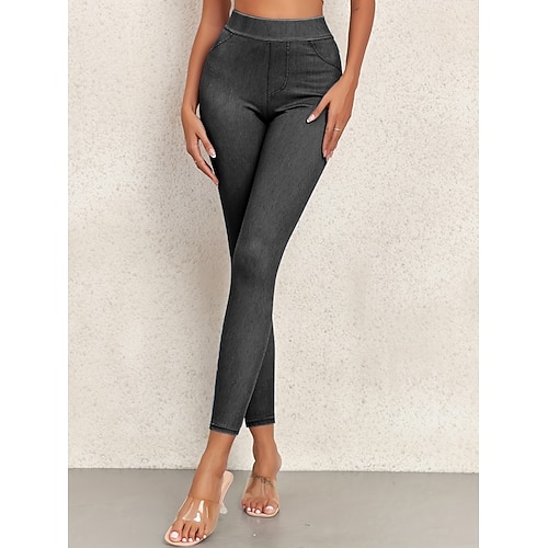 Damen Jeans Leggings Urlaub Streetwear Lässig Volle Länge Mittlere Taillenlinie Einfach Tasche Elastischer Bund Bequem Komfort Hohe Elastizität Täglich Outdoor Streetwear Schwarz Blau Braun Hellblau Image