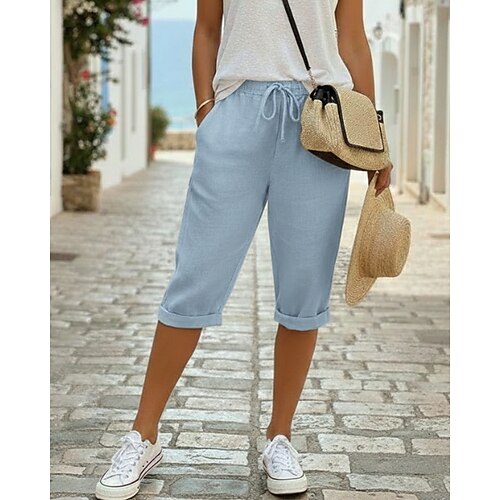 Damen Kunstbaumwollleinen Chinos Sommershorts Schnitt Urlaub Streetwear Lässig Knielang Mittlere Taillenlinie Einfach Kordelzug Tasche Bequem Atmungsaktiv Unelastisch Täglich Outdoor Straße Image