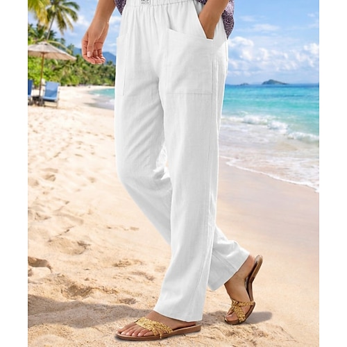 Damen Übergröße Shorts aus Baumwollleinen Leinen-inspirierte Hosen Gefütterte Shorts Einfach Lässig Komfort Lang Natürliche Taille Einfarbig Mikroelastisch Heim Straße Blau Weiß Grün Khaki Sommer Image