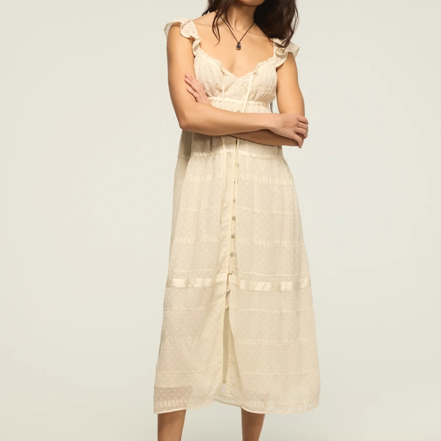 Lucky Brand Easy Tiered Button Through Maxi Dress - Women's Clothing Dresses Maxi Dress in Cream, Size 2XL