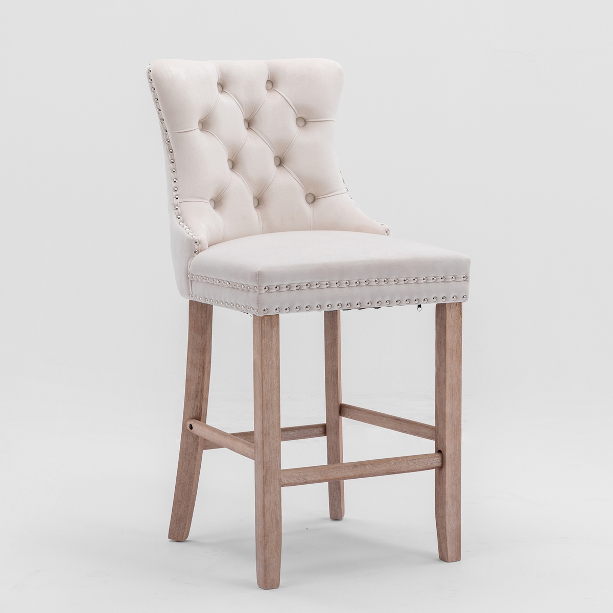 OKWISH Barhocker Set 2 Samt Beige 103x50x60 cm mit hoher Rückenlehne Knopfheftung Ziernieten Massivholzbeinen Fußbodenschonern und verstellbaren Stellfüßen Image