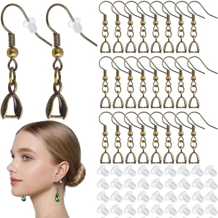 50pcs French Earring Fish Hooks Hypoallergenic Brass Earwire Hooks with Pendant Clasps and 50pcs Clear Earring Safety Backs for DIY Earrings Making Findingsï¼ŒAntique Bronze