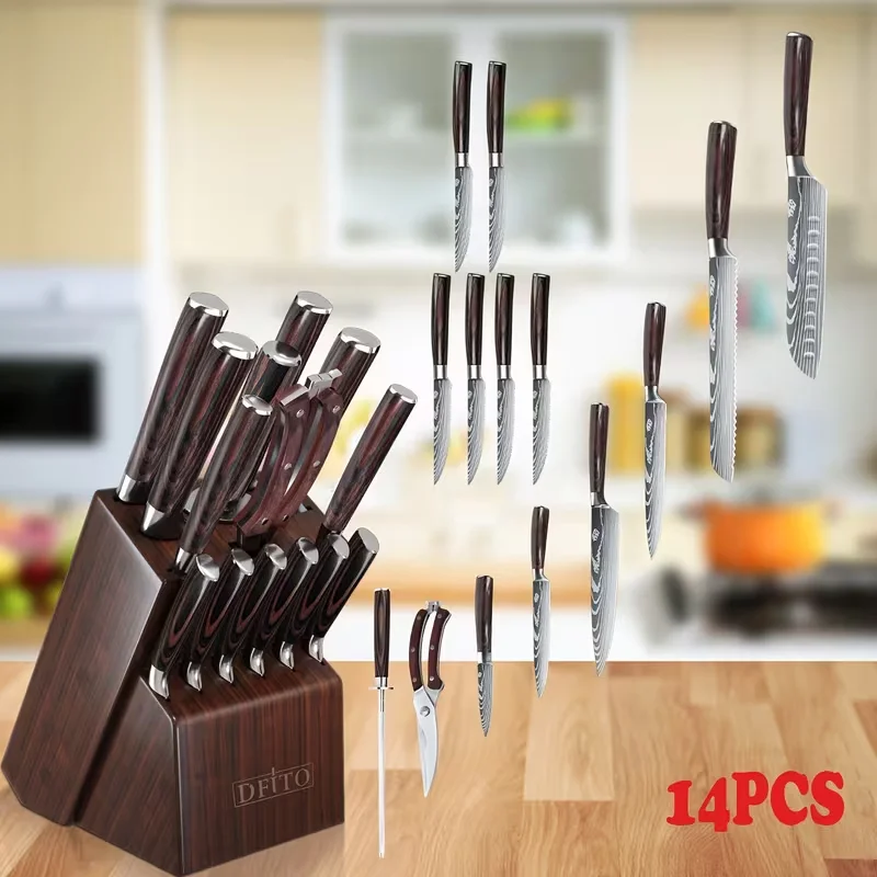 ZENG 14-teiliges Küchenmesser-Set mit Messerblock Kochmesser, Brotmesser, Santoku, Tranchiermesser, Allzweckmesser, Schälmesser, Steakmesser Kochmesser Image