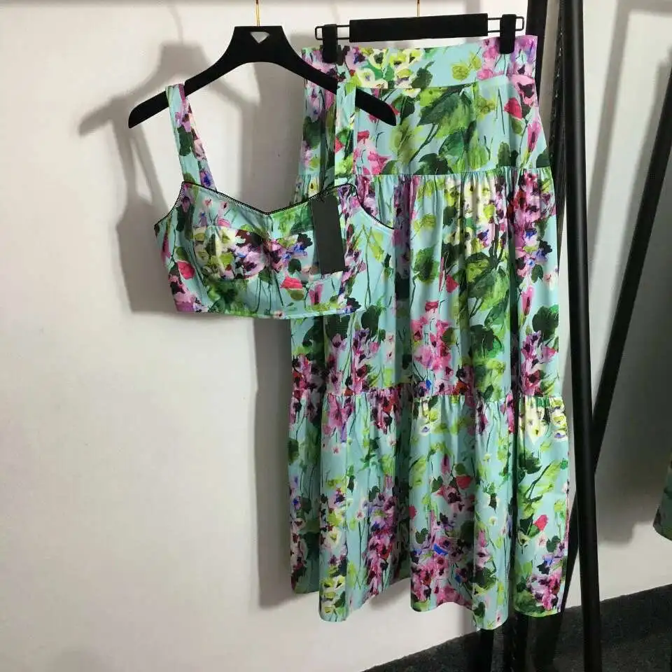 Jamerary Mode zweiteilige Kleid setzt Frauen Blumen druck sexy Bustier Korsett Crop Tops Plissee lange Maxi röcke Anzüge weiblich Image