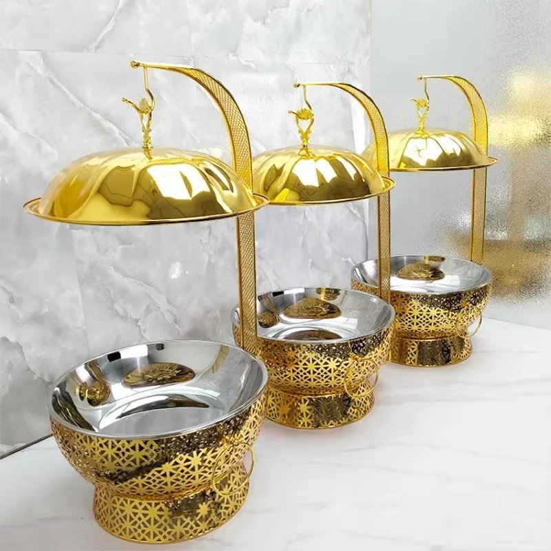 Goldfarbener, runder, hängender Hot-Pot-betriebener Buffet- und Getränkeheizer aus Edelstahl für Hotels und Restaurants Image