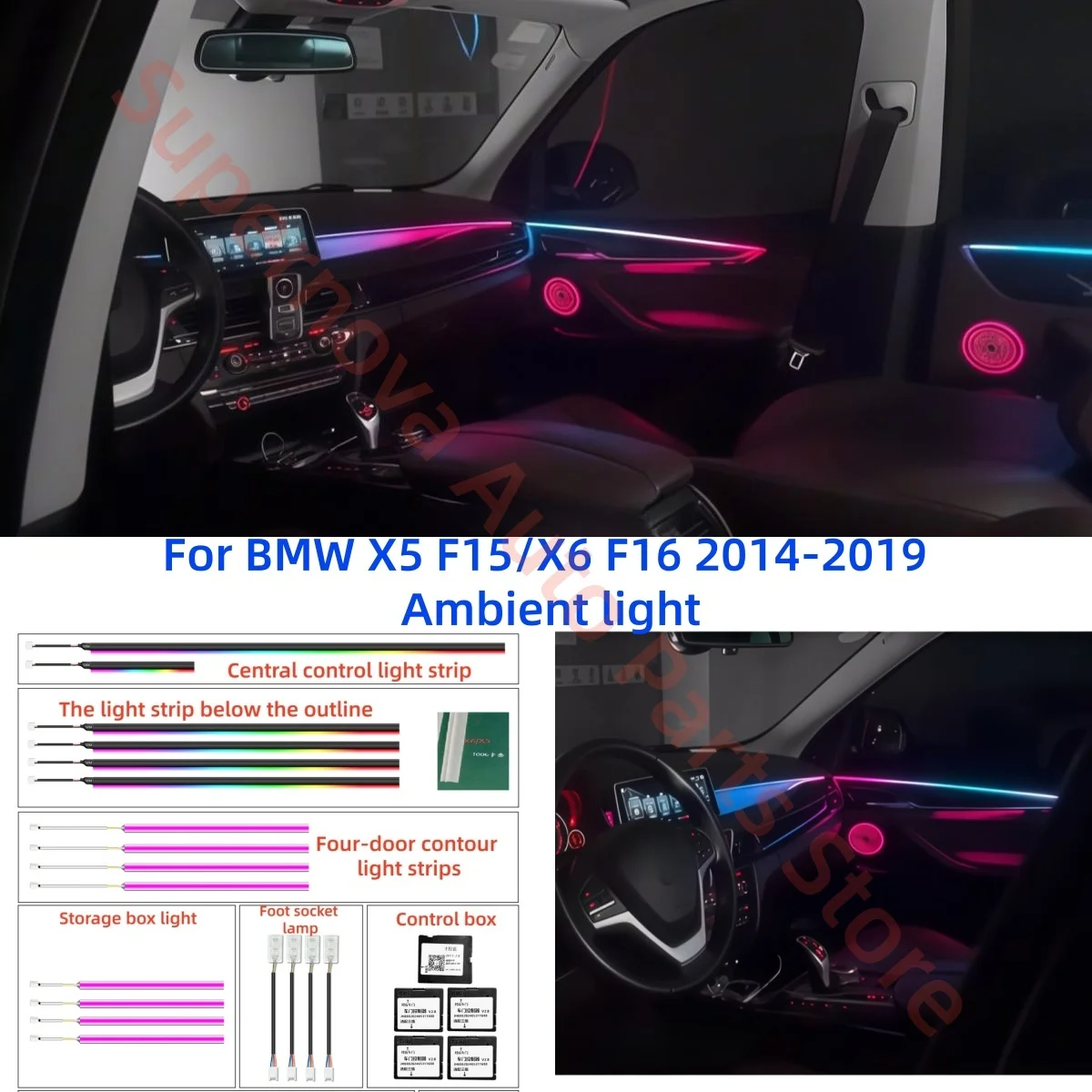Für BMW X5 F15/X6 F16 2014-2019 LED Umgebungslicht Automotive Innenbeleuchtung Upgrade Autozubehör Mittlere Höhenabdeckplatte Image