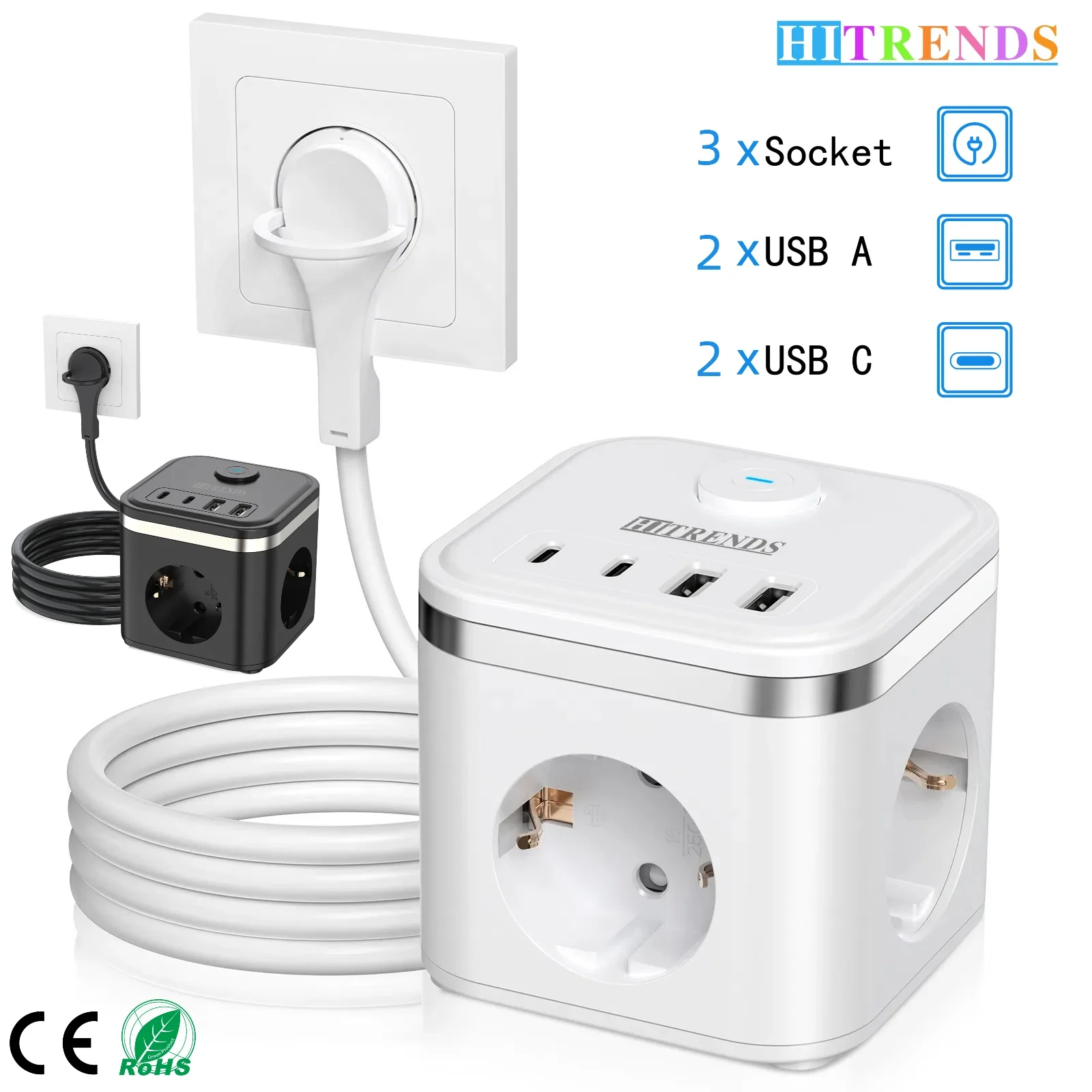 7-in-1-Multifunktions-Schnellladebuchse, 3 AC-Anschluss + 4 USB-Schnellladung, ultradünner Flachstecker, 2-Meter-Verlängerungskabel Image