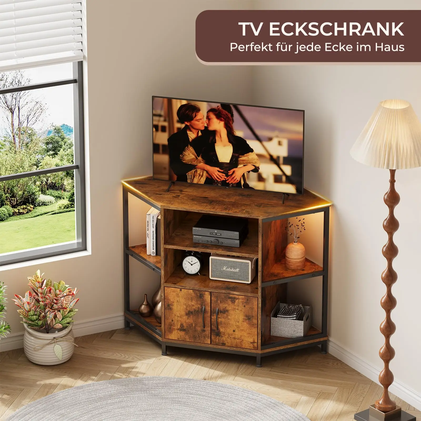 Eck-TV-Schrank mit LED-Beleuchtung, Eckkommode für Wohnzimmer im Industriedesign, 105x50x79 cm Vintage Braun