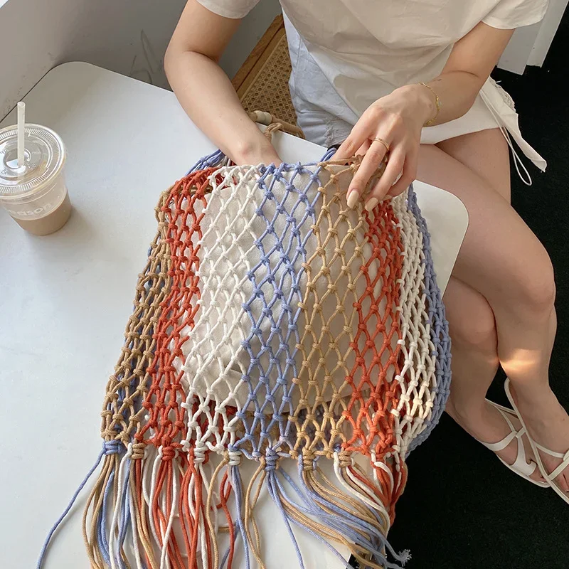 Böhmische Quaste Fisch netz Frauen Umhängetaschen bunte Seil gewebte Dame Handtaschen handgemachte hohle Sommer Strand tasche große Tasche Geldbörsen Image