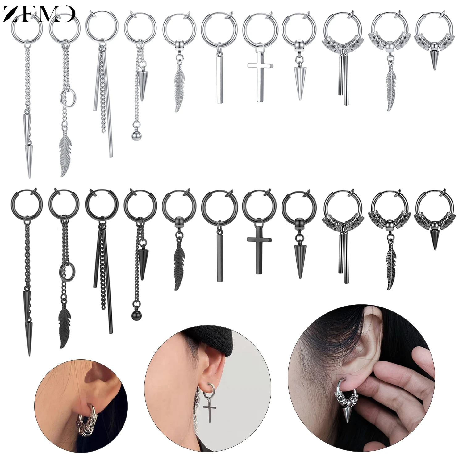 ZEMO 1 STÜCK Punk-Edelstahl-Clip-on-Ohrringe, lange Quasten-Anhänger, Ohrring, Kegel, Kreuz, Feder, nicht durchbohrt, Fake-Piercing, 12/14 mm Image