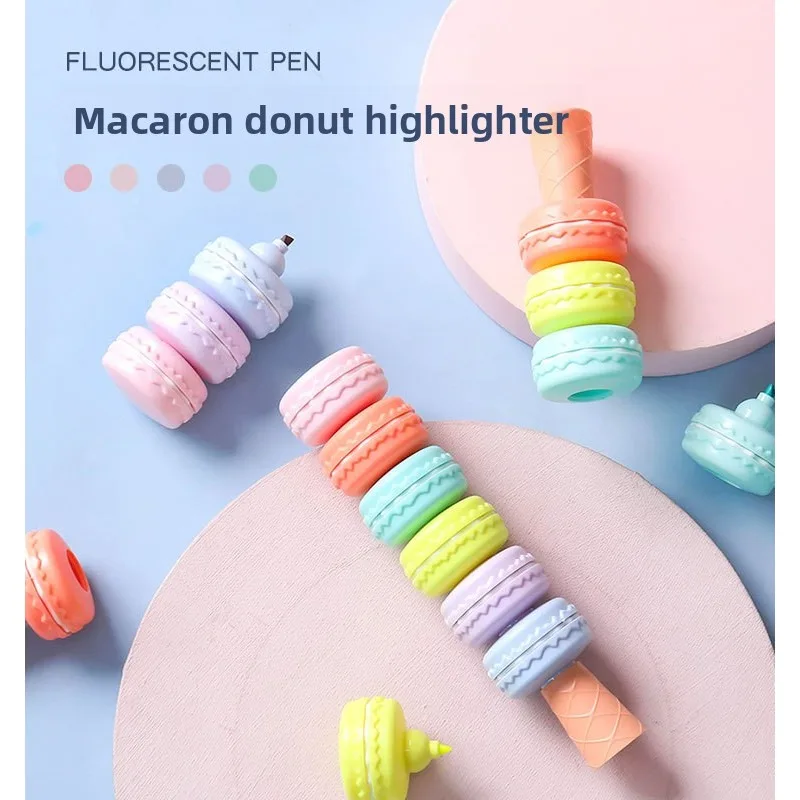 Textmarker der Macaron-Serie, süßes Dessert-Design, Schreibtischdekoration, 6-Farben-Set, Pastellmarker, niedliche, mehrfarbige, fluoreszierende Stifte mit Spleißen Image