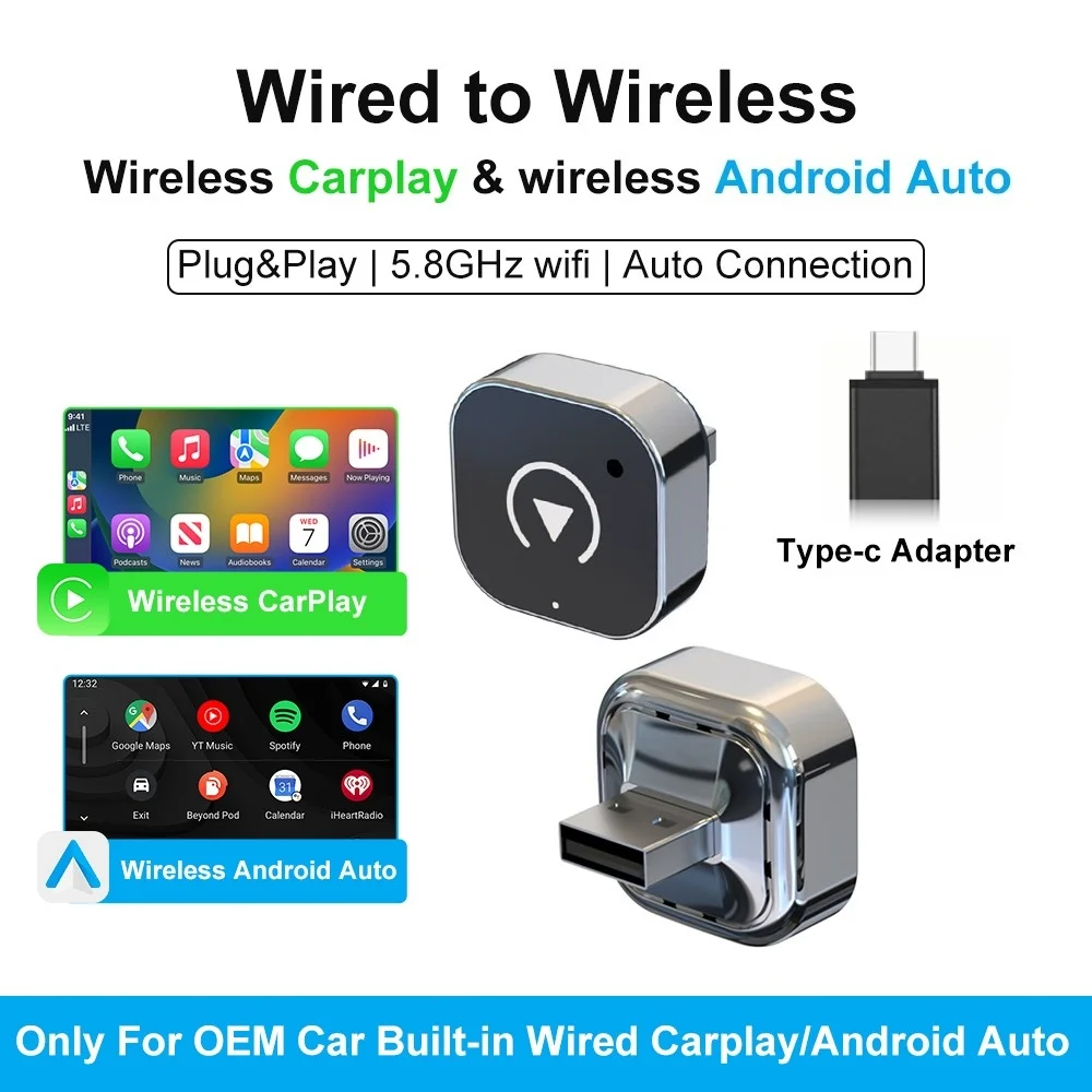 FLIXIVI 2026 Kabelloser CarPlay Adapter 2-in-1 Mini Kabelgebunden zu Kabellos Dongle für Apple & Android Plug-and-Play Universelles Auto-Zubehör Image