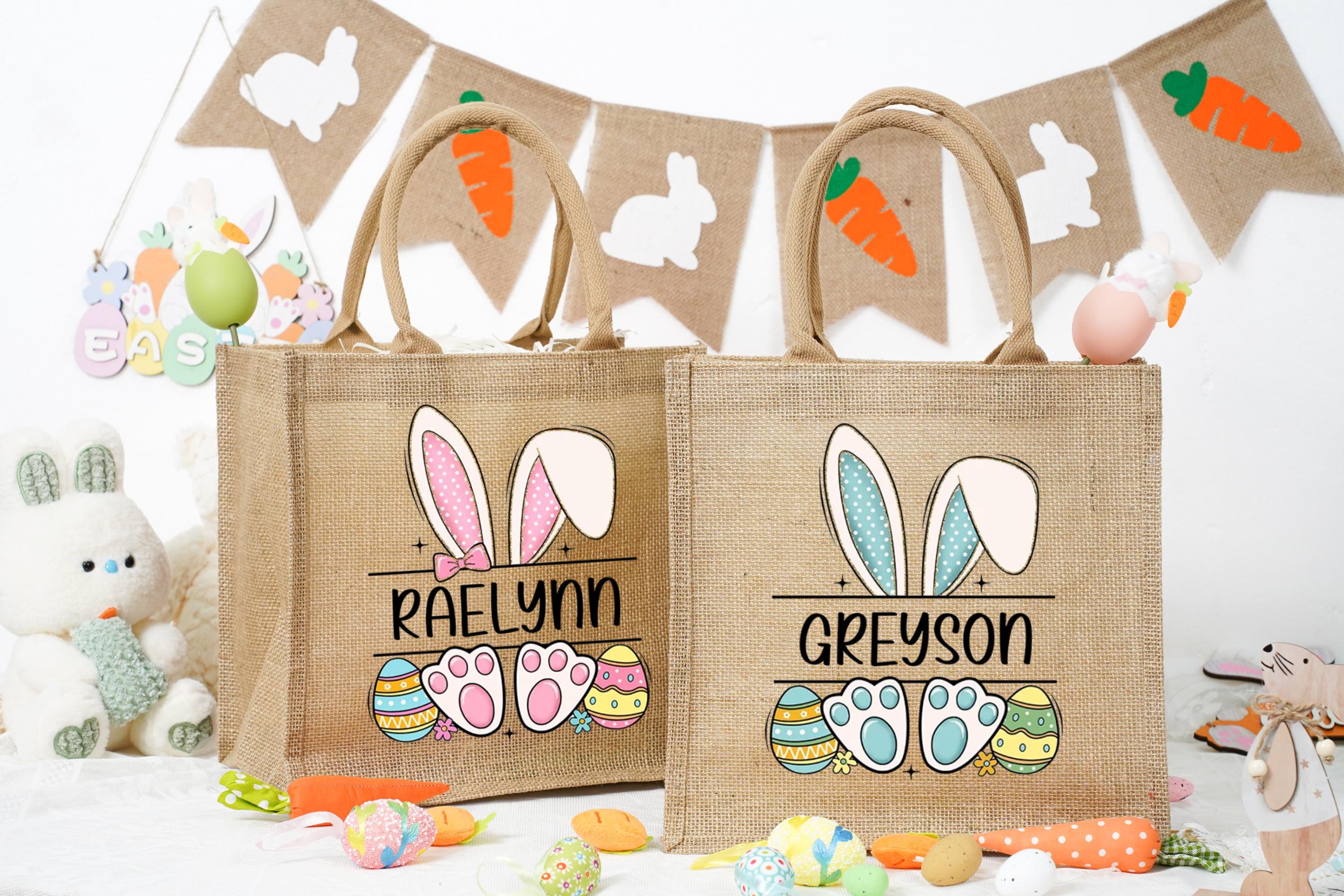 Borsa coniglietto pasquale personalizzata con nome del bambino, borsa in juta personalizzata per la caccia alle uova, prima borsa pasquale per neonato