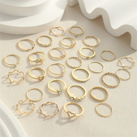 FastXmas 28 Pcs Gold Rings Set Valentine s Day 1.6 -1.8 CM Vintage Fashion Rhinestone Ring Pack Retro Rhinestone Diamond Ring Decoration Gold Vintage Ring for Woman Man Anniversary Holiday Gift