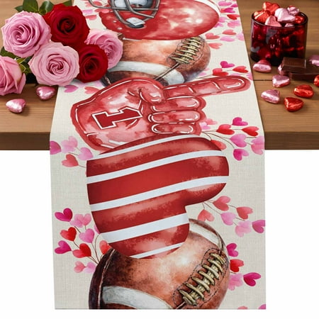 Valentine s Day Cotton Linen Table Runner Watercolor Red Pink Rugby Helmet Glove Love Heart Linen Texture Dining Table Runners for Home Decor Party Dining Room Restaurant Kitchen Party 13 x 72