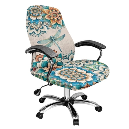 ZIATUBLES Computer Office Chair Cover Universal Rotating Office Chair Slipcover Soft Washable Desk Computer Office Chair Covers with Snap Button Stylish Chair Cover L Boho Mandala Flower Dragonfly