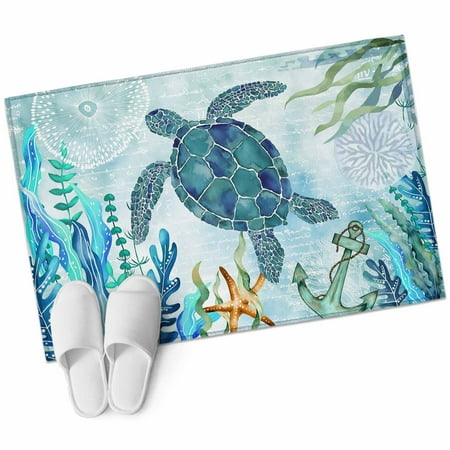 Bathroom Rugs 2x3 Ft Teal Green Sea Turtle Non Slip Area Rugs for Kitchen Bedroom Entryway Coastal Summer Beach Seaweed Washable Carpet Runner Rug Floor Mats for Bedroom Home Decor
