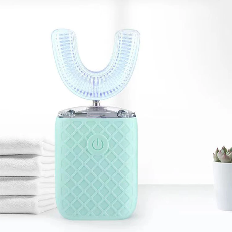 360 ° Spazzolino elettrico automatico a forma di U ricaricabile per adulti Bambini Spazzolini da denti sonici in silicone Sbiancamento dei denti a luce blu