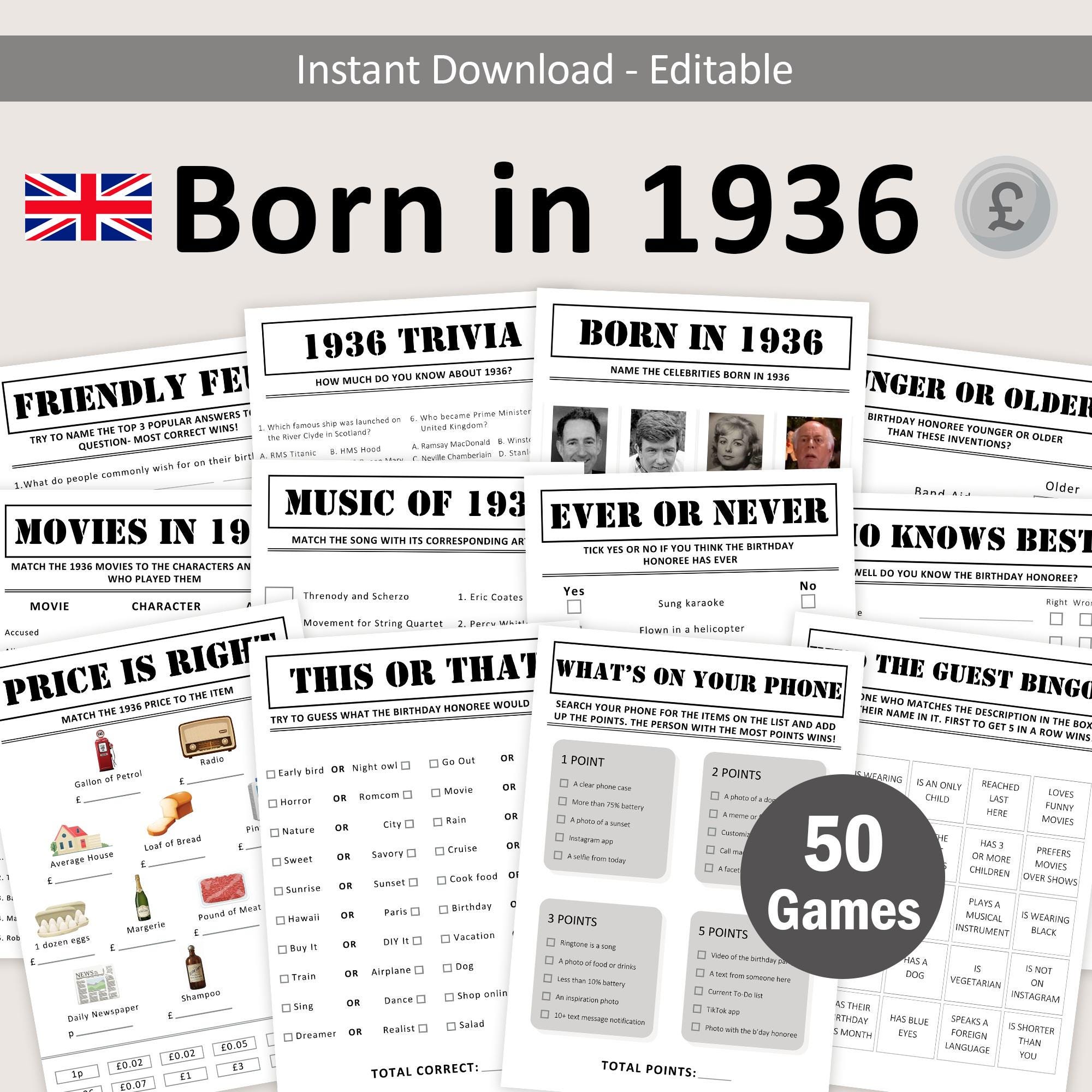 Pacchetto di giochi per il 90o compleanno nel Regno Unito Gioco per feste di compleanno britannico del 90o compleanno 1936 Trivia Nato nel 1936 90 ann