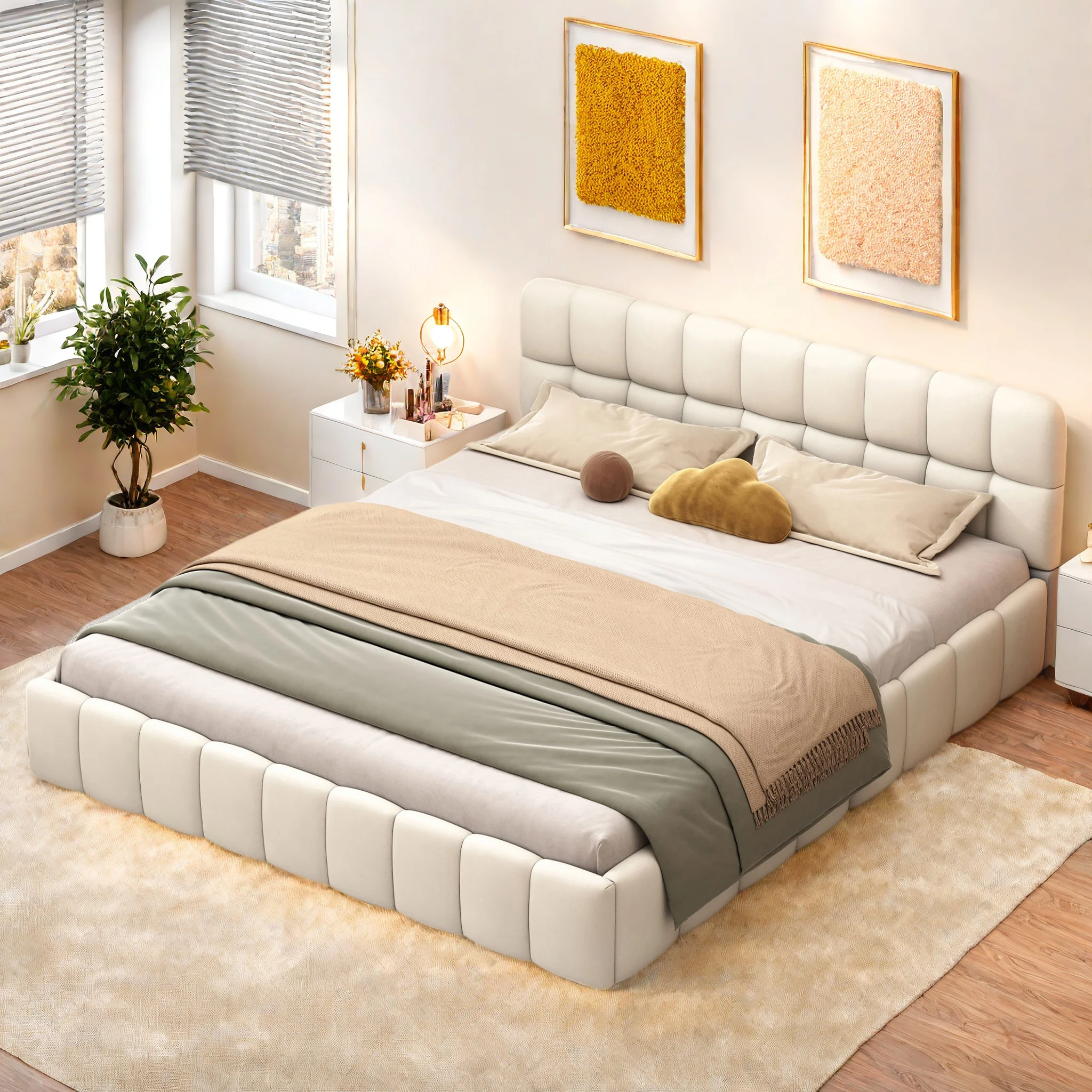 Gepolstertes Luftkissenbett 140 x 200 cm, Doppelbett mit Stauraum, Bodenbett mit Rückenlehne, Kinderbett, Bettgestell, Flachbett, Gästebett mit Lattenrost und Kopfteil, Matratze nicht enthalten, Image