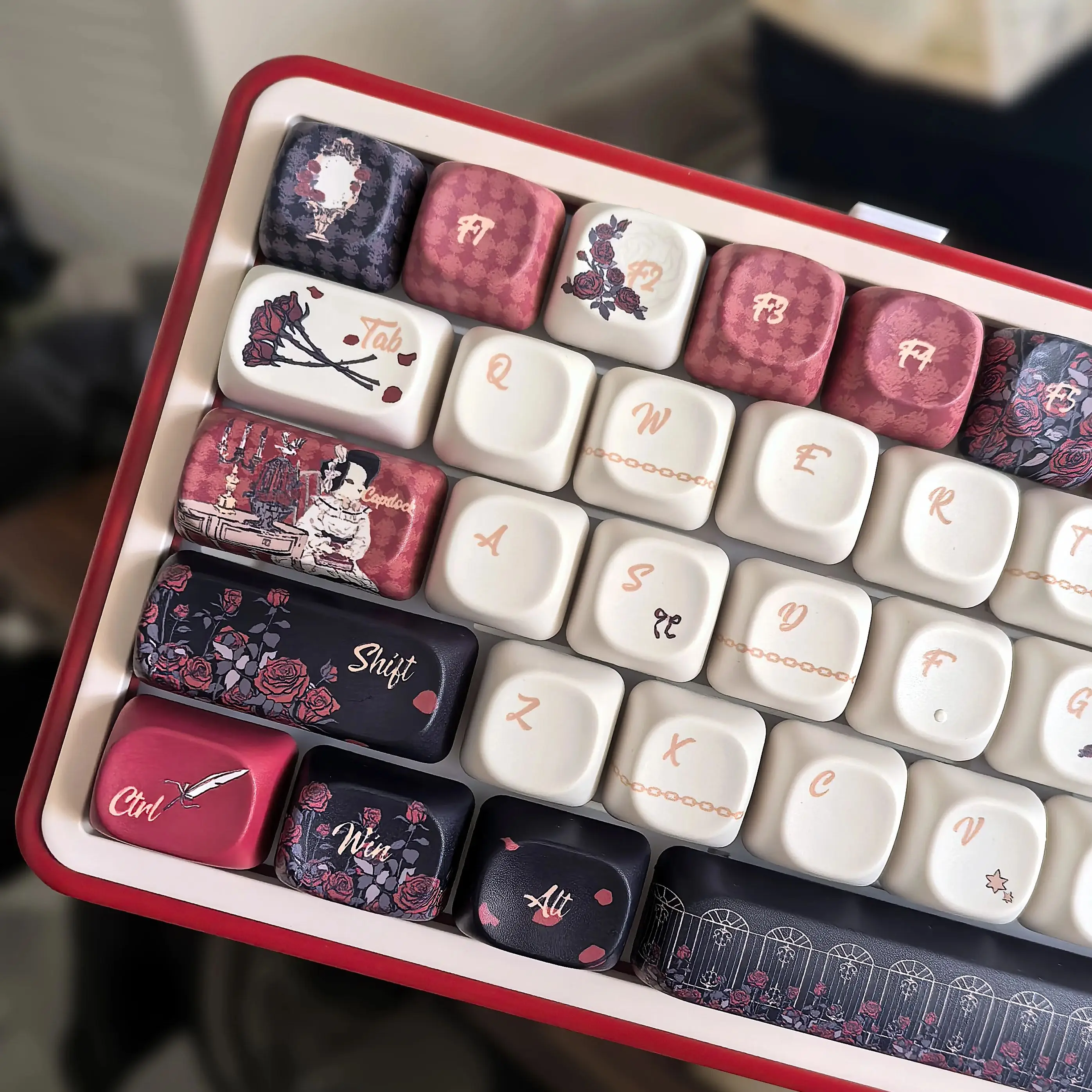 Moa-Tastenkappen, Retro-Palast-Kaninchen, Rose, Rot, Schwarz, farblich abgestimmt, 126 Tasten, Kirsche, ISO, individuell für Aula F75/F75Pro/F87-Tastenkappen Image