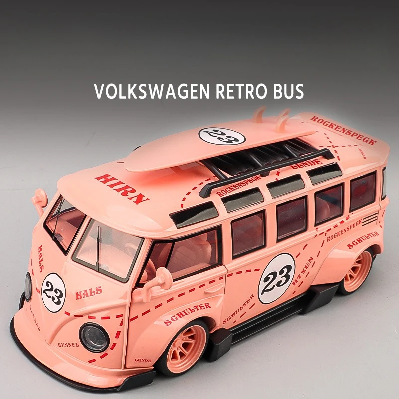 1:24 T1 Bus Gulf Oil Martini Low Ride Wide Body Modifiziertes Metall-Druckguss-Modellauto mit Sound und Licht, Hobby-Geschenk für Jungen