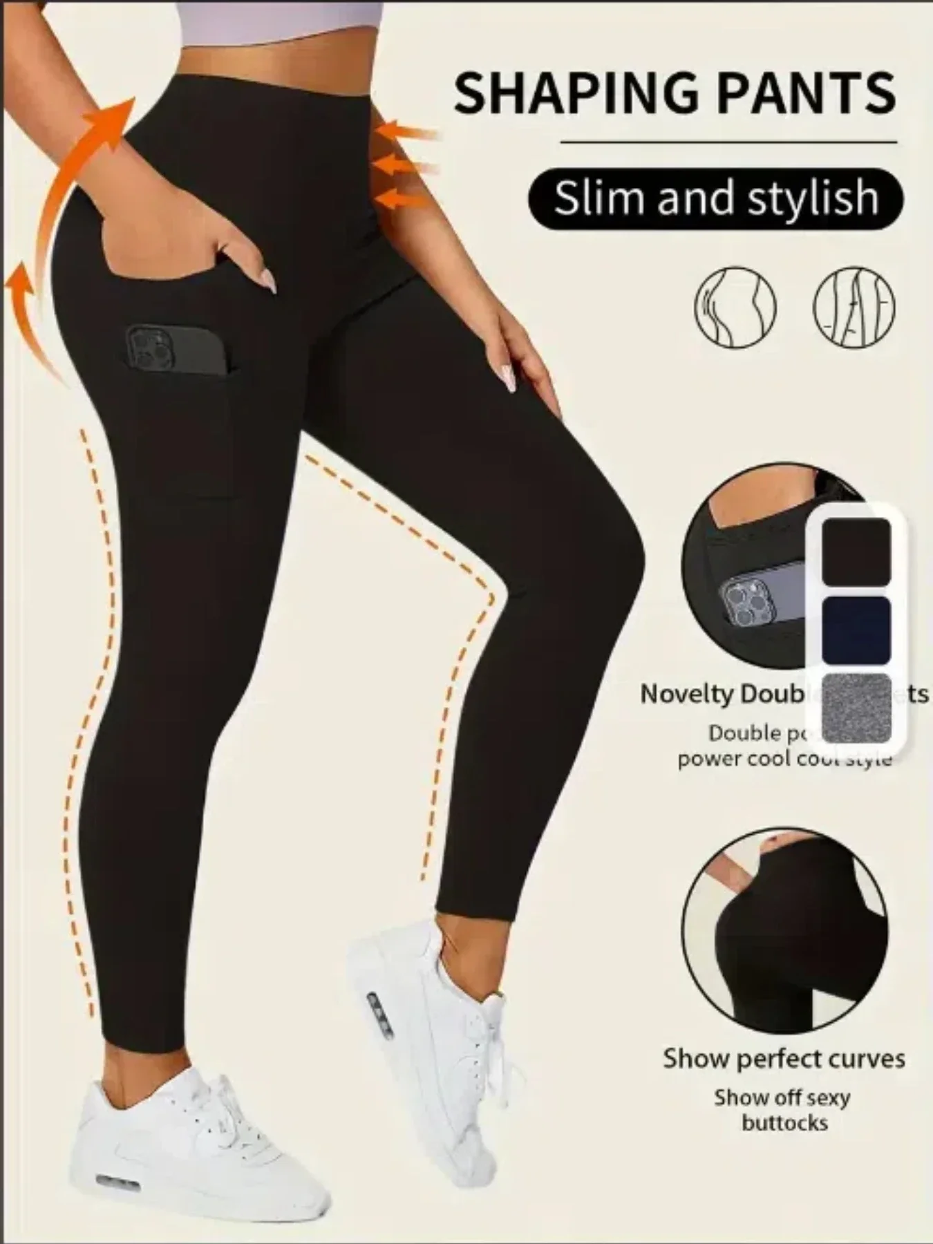 Doppelschichtige Yoga-Leggings mit Seitentaschen, lässig, sportlich, bequem, atmungsaktiv, hohe Taille, Bauchkontrolle, Fitness, Sportbekleidung Image