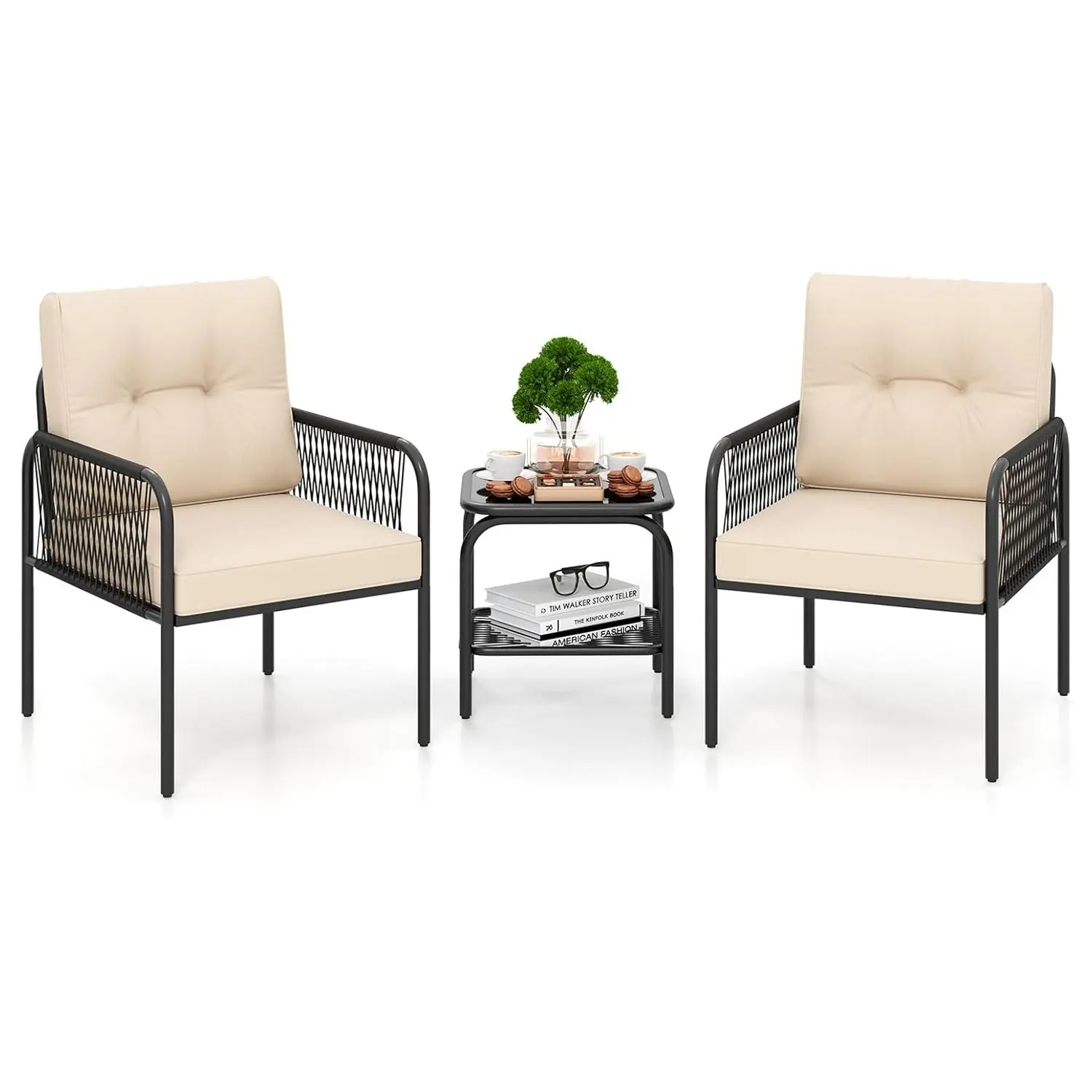 Rattan-Gartenmöbel-Set, 3-teilige Balkonmöbel mit 2 Stühlen, Tisch und Kissen, Balkon-Set, Terrassenmöbel Image