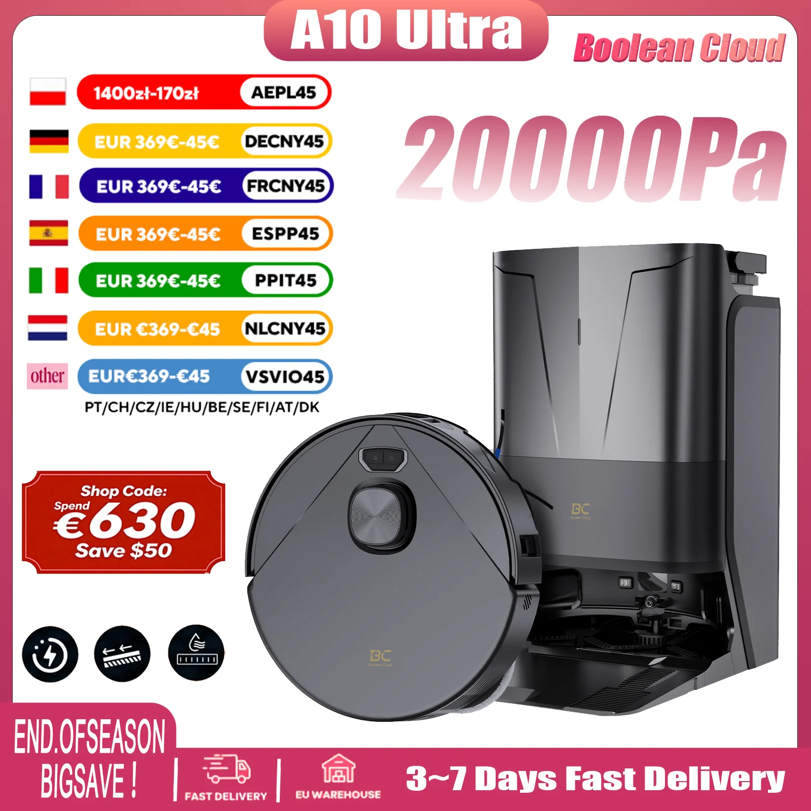 Boolean Cloud A10 Ultra Saugroboter mit Wischfunktion | 25000Pa Saugkraft, Selbstreinigende Dockstation (Heißwäsche/Trocknung/Leerung), HydraTech Fleckenentfernung, Randreinigung, 23mm Image