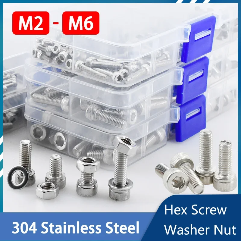 M2 M3 M4 M5 M6 304 Edelstahl Innensechskantschraube Bolzen Mutter Unterlegscheibe Kit DIN912 Metall Maschinenschrauben Bolzen mit Box Image