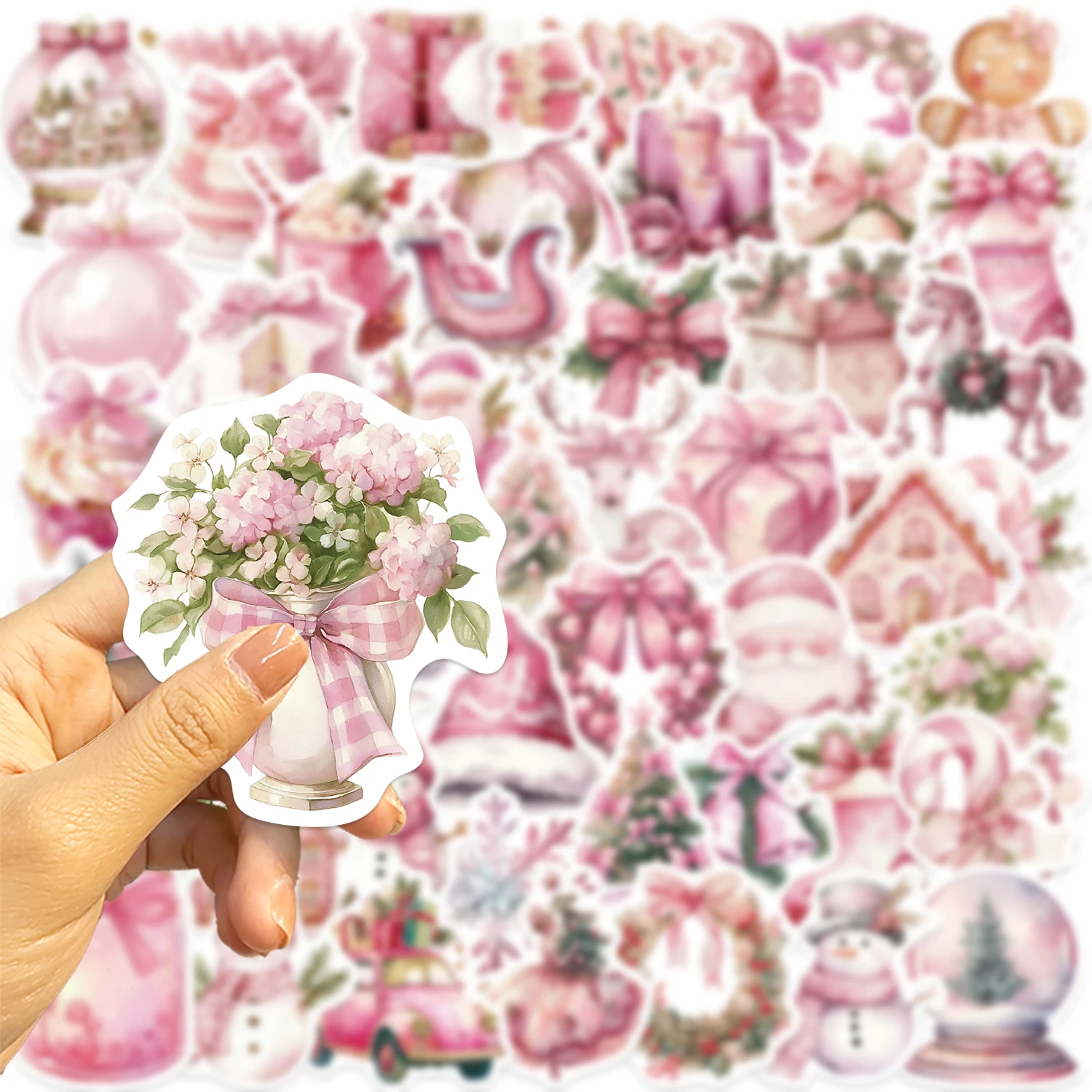 50 Stück rosa Weihnachts-Vinyl-Aufkleber-Set, Abziehbilder für Laptops, Wasserflaschen, Skateboards, Gepäck, bunt, Mitbringsel, DIY-Dekoration Image