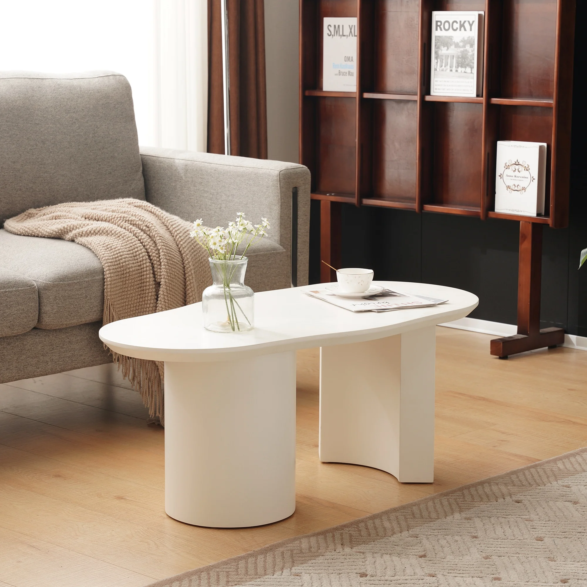 100 cm langer weißer unregelmäßiger Couchtisch - hochwertiges MDF, lackierte Oberfläche, weiß Image