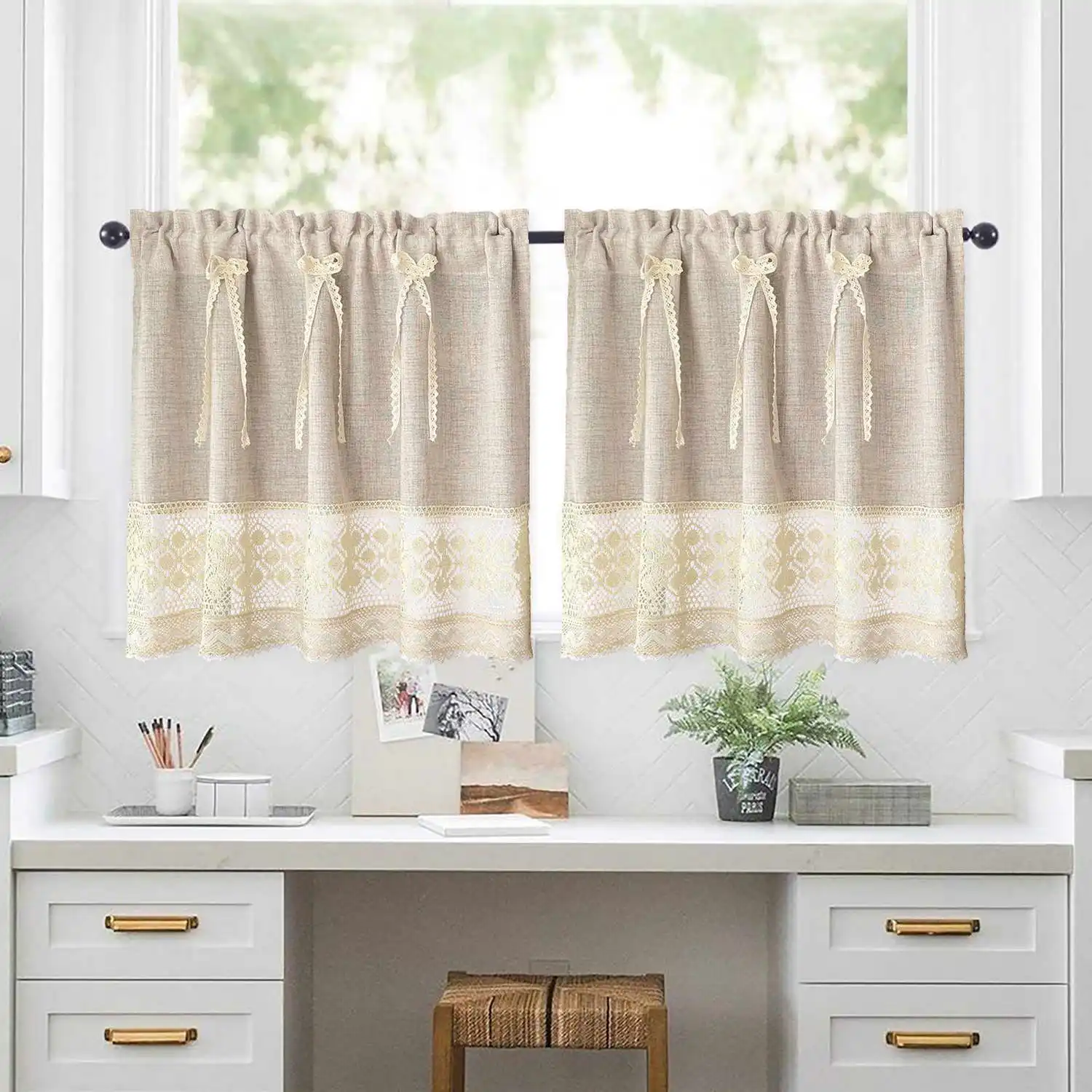 Boho-Häkel-Spitzennaht, beige, kurze Vorhänge für die Küche, Retro-Halbvorhang mit Band, Fliege, Dekorschrank, kleines Fenster Image