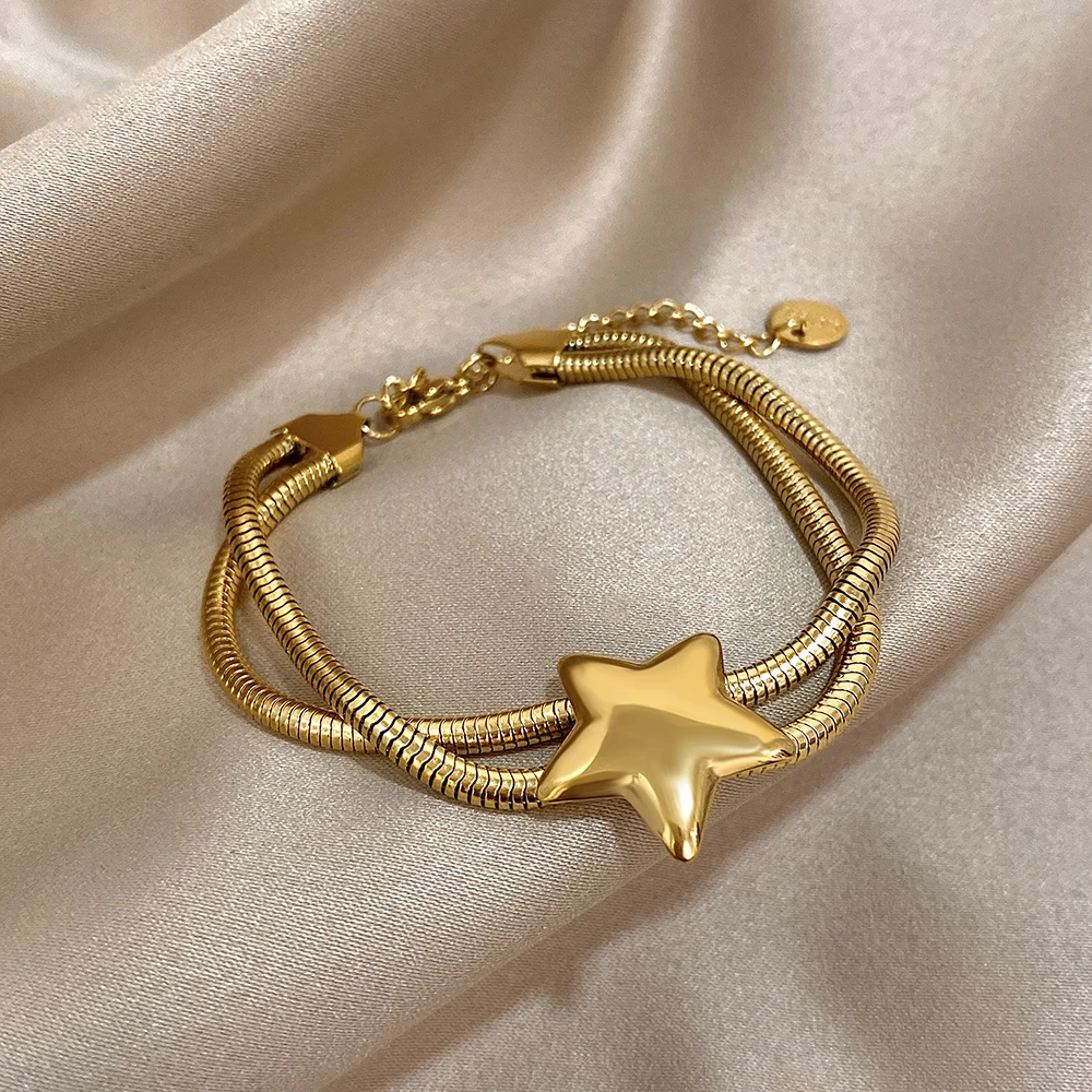 Vintage Doppelschicht Edelstahl elastisches Armband glänzender Stern Gold Silber Farbe klobige Kettenarmbänder wasserdichter Schmuck Image