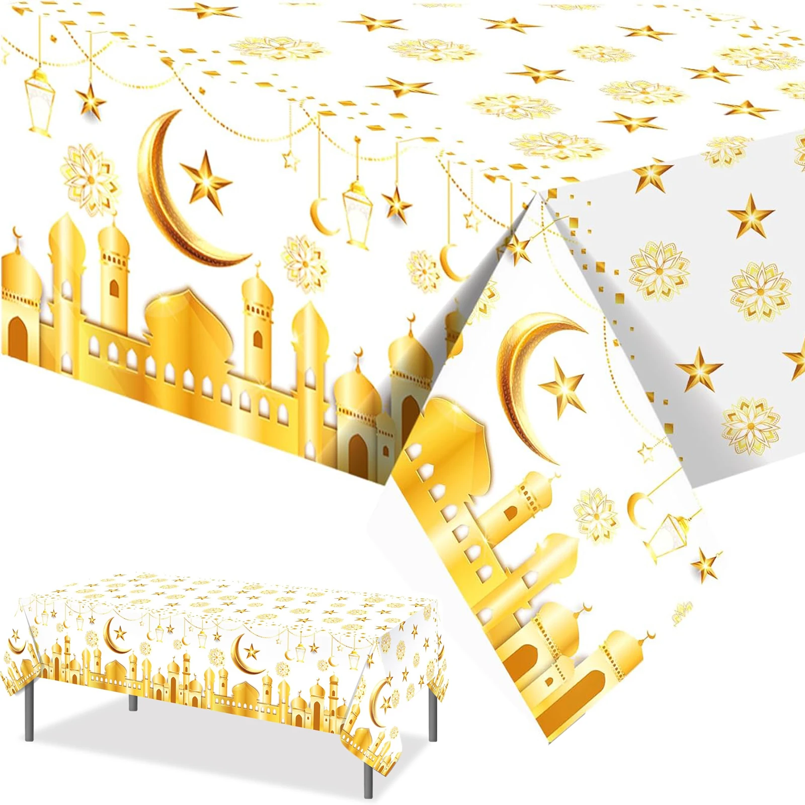 Eid Mubarak Tischdecke, goldfarbene Mond-Sterne-Moschee-Themen-Kunststoff-Tischdecke für muslimische Ramadan-Party-Dekoration, Familientreffen Image