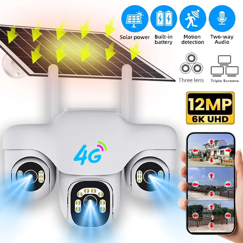 Solar-PTZ-Kamera mit drei Objektiven für den Außenbereich, IP66, wasserdicht, Batterie-Videomonitor, 12 MP, 3-Bildschirm, 10-facher Zoom, Sicherheitsüberwachungskameras Image