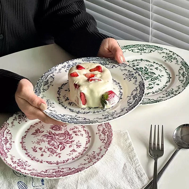 Französischer klassischer Keramik-Essteller mit Rosendruck, 20,3 cm/10 Zoll, westlicher Stil, Dim Sum, Dessert, Salat, Nachmittagstee, Haushaltsteller